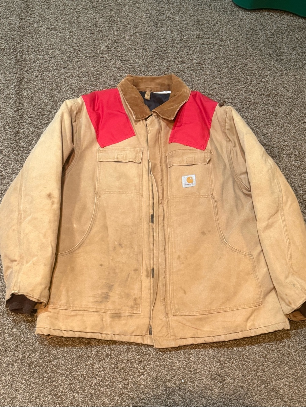 Vintage Distressed Custom Carhartt Tan Canvas Work Jacket with Gold Logo